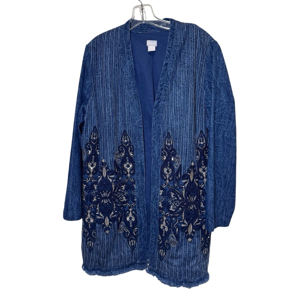 Chico's Denim Embroidered Embellished Stitch Longline Cotton Jacket SZ 2 Medium